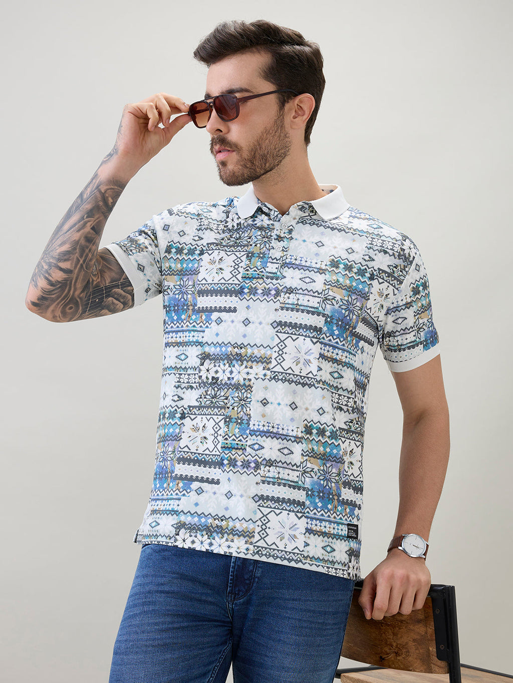 Men's Geometric Printed Half Sleeves Regular Fit Polo T-Shirt