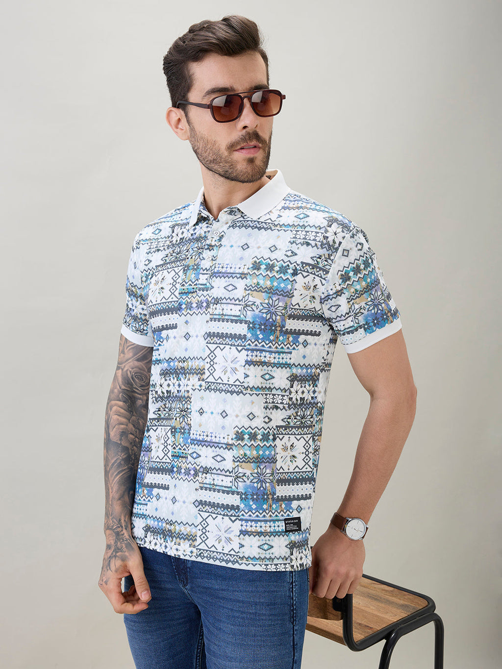 Men's Geometric Printed Half Sleeves Regular Fit Polo T-Shirt