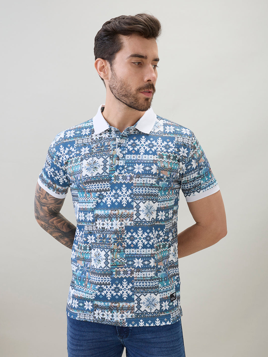 Men's Geometric Printed Half Sleeves Regular Fit Polo T-Shirt