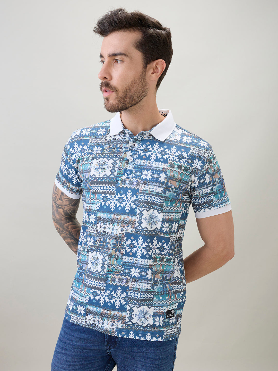 Mens Geometric Printed Half Sleeves Regular Fit Polo T-Shirt