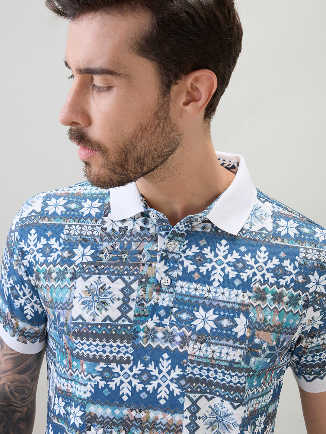 Mens Geometric Printed Half Sleeves Regular Fit Polo T-Shirt
