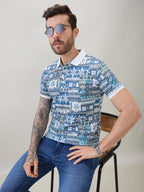 Mens Geometric Printed Half Sleeves Regular Fit Polo T-Shirt