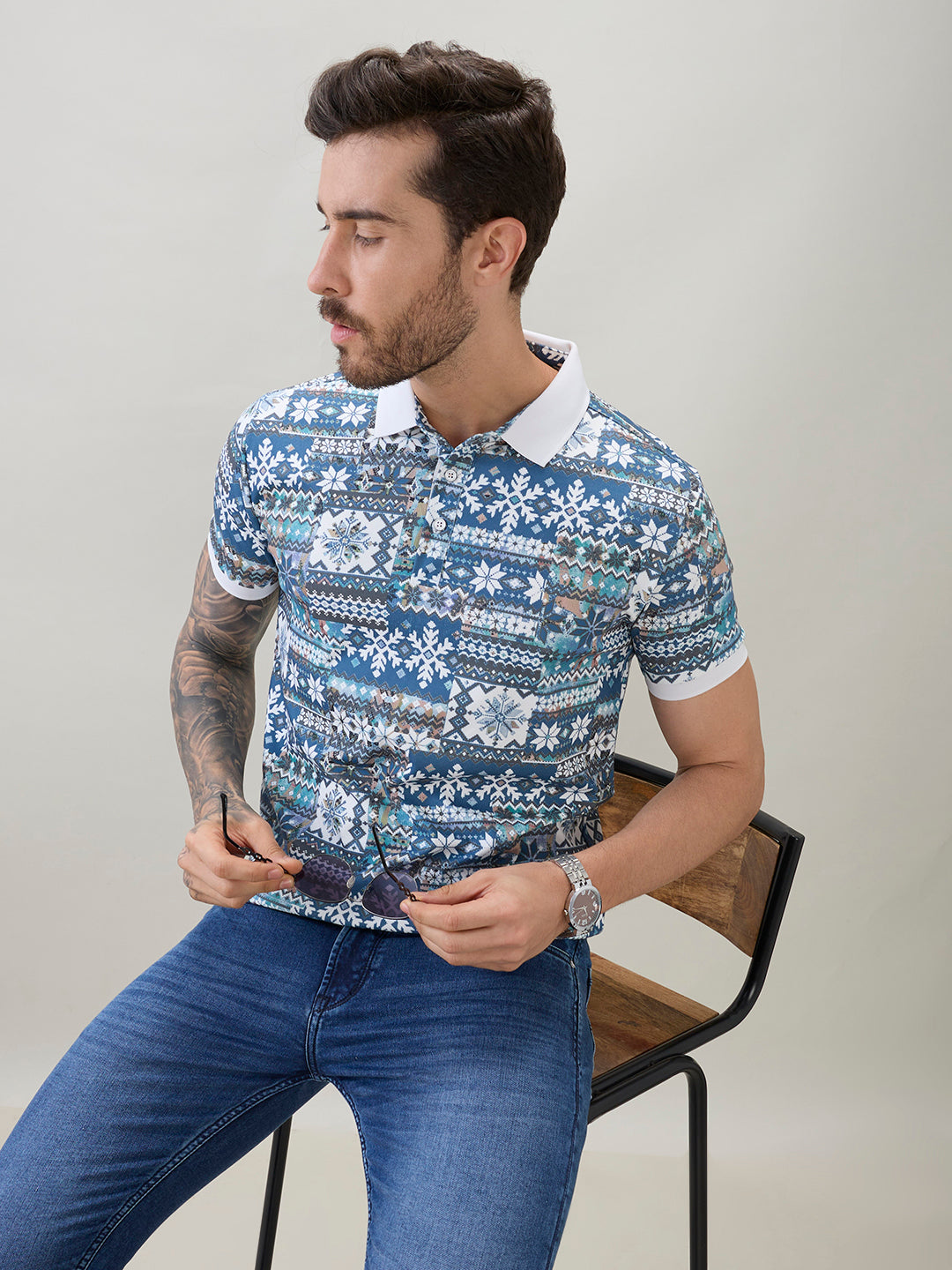 Mens Geometric Printed Half Sleeves Regular Fit Polo T-Shirt