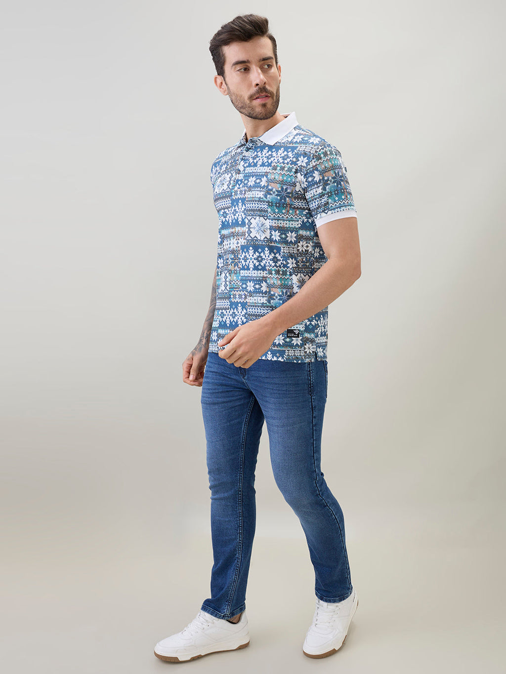 Mens Geometric Printed Half Sleeves Regular Fit Polo T-Shirt
