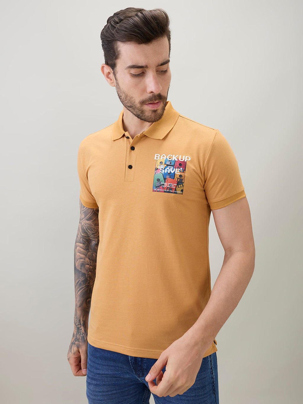 Men's Back Graphic Print Polo Collar Regular Fit Half Sleeve T-Shirt