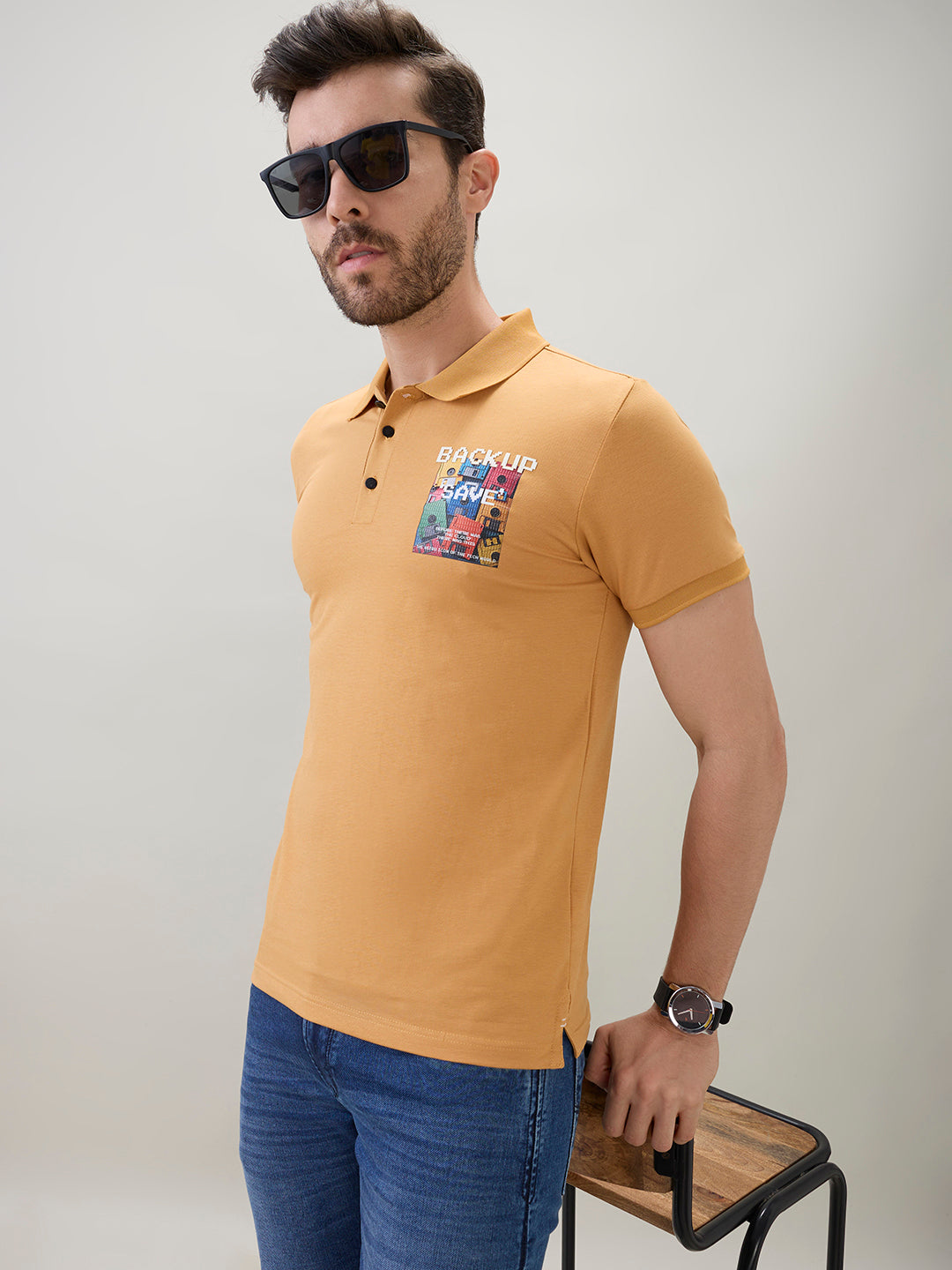 Men's Back Graphic Print Polo Collar Regular Fit Half Sleeve T-Shirt