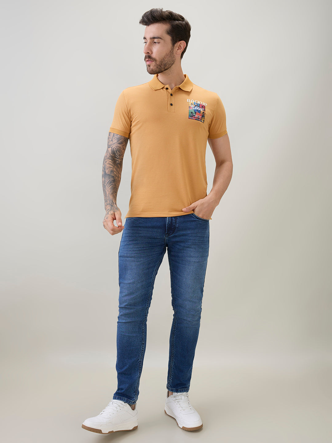 Men's Back Graphic Print Polo Collar Regular Fit Half Sleeve T-Shirt