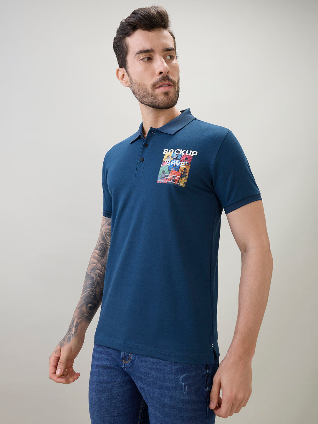 Men's Back Graphic Print Polo Collar Regular Fit Half Sleeve T-Shirt