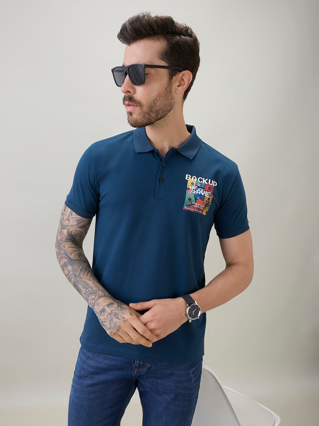 Men's Back Graphic Print Polo Collar Regular Fit Half Sleeve T-Shirt