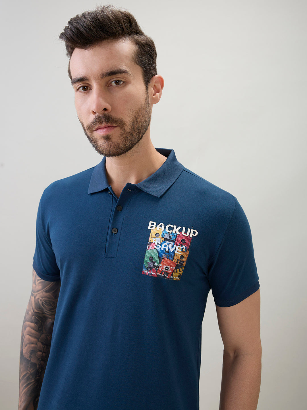 Men's Back Graphic Print Polo Collar Regular Fit Half Sleeve T-Shirt