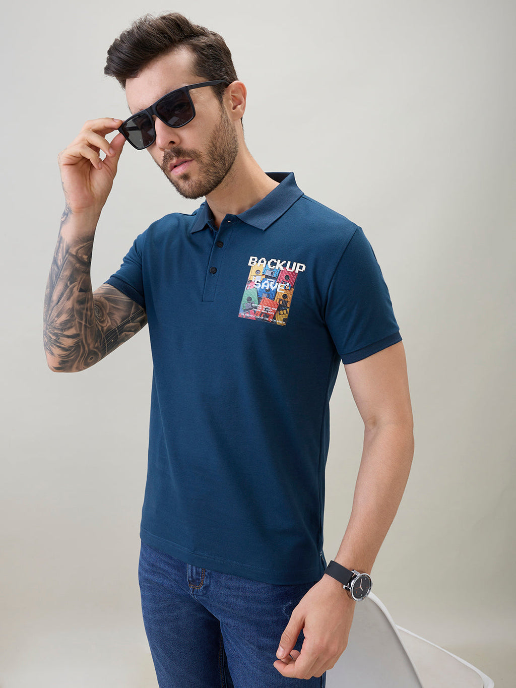 Men's Back Graphic Print Polo Collar Regular Fit Half Sleeve T-Shirt