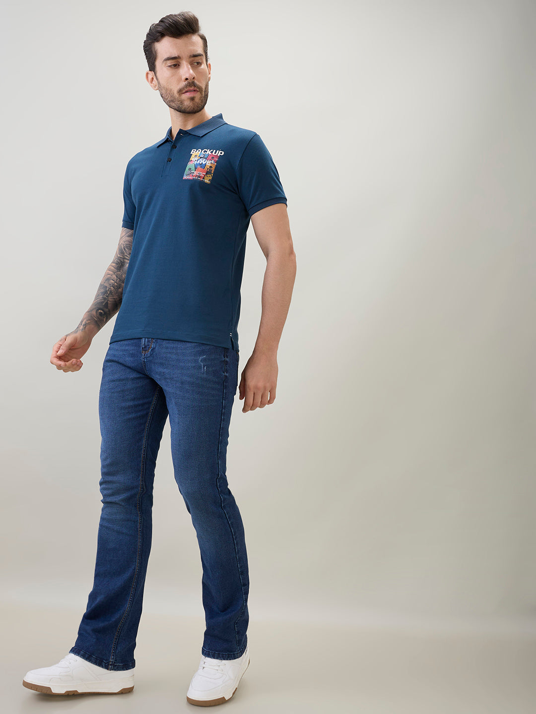 Men's Back Graphic Print Polo Collar Regular Fit Half Sleeve T-Shirt