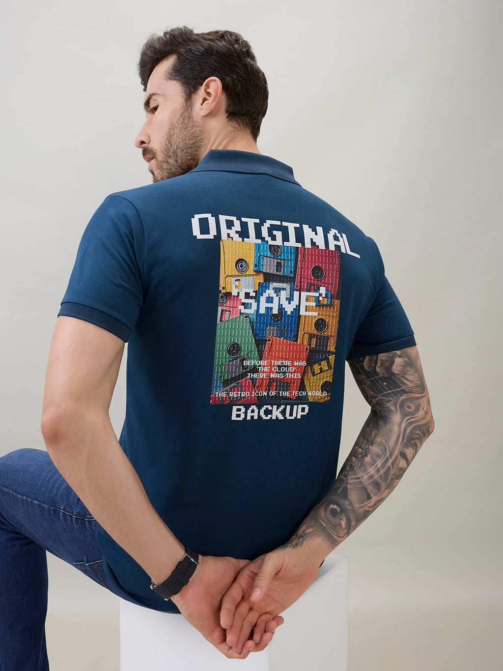 Men's Back Graphic Print Polo Collar Regular Fit Half Sleeve T-Shirt