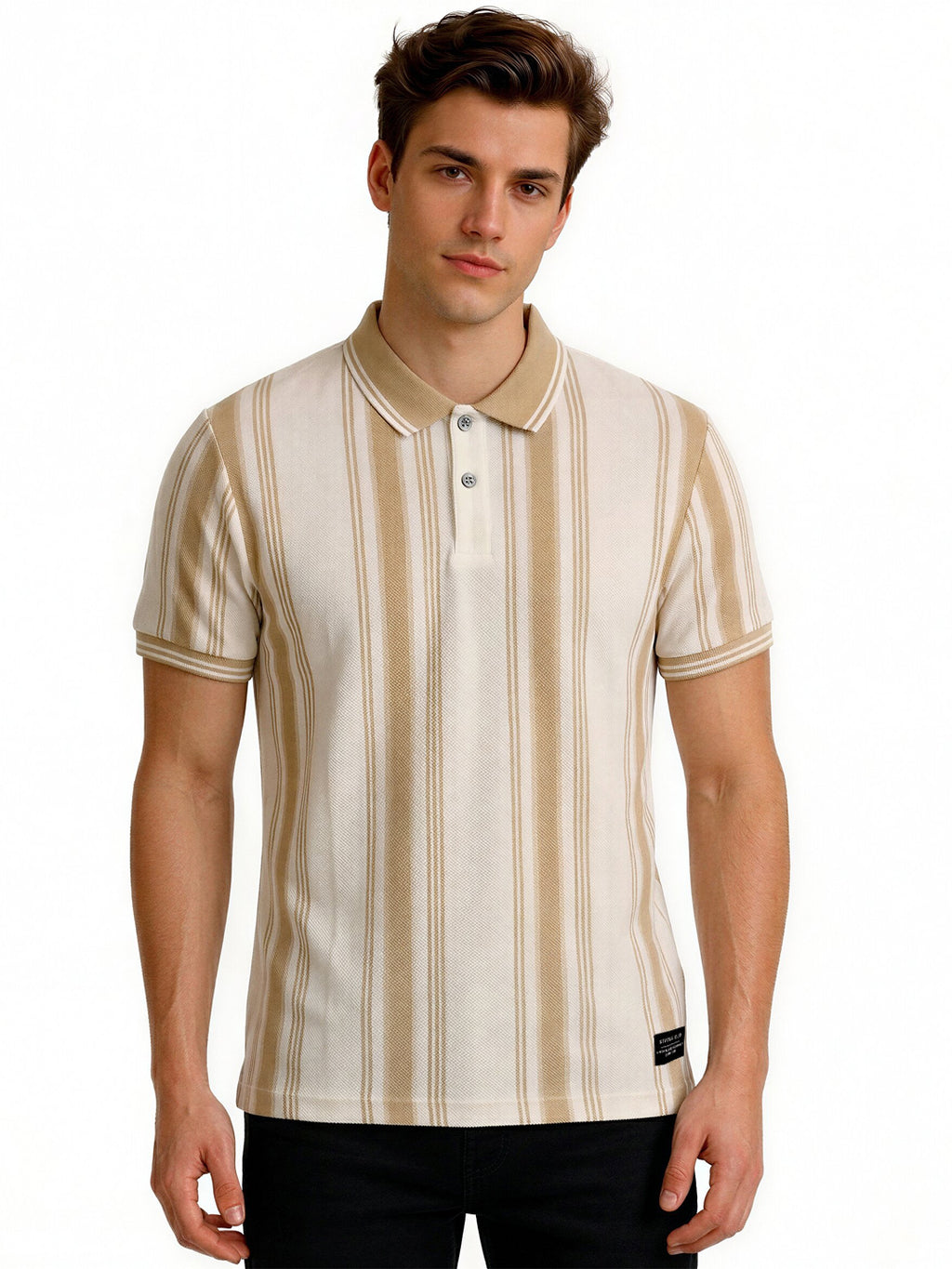 Beige Striped Textured Polo T-Shirt