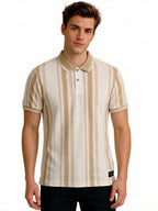 Beige Striped Textured Polo T-Shirt