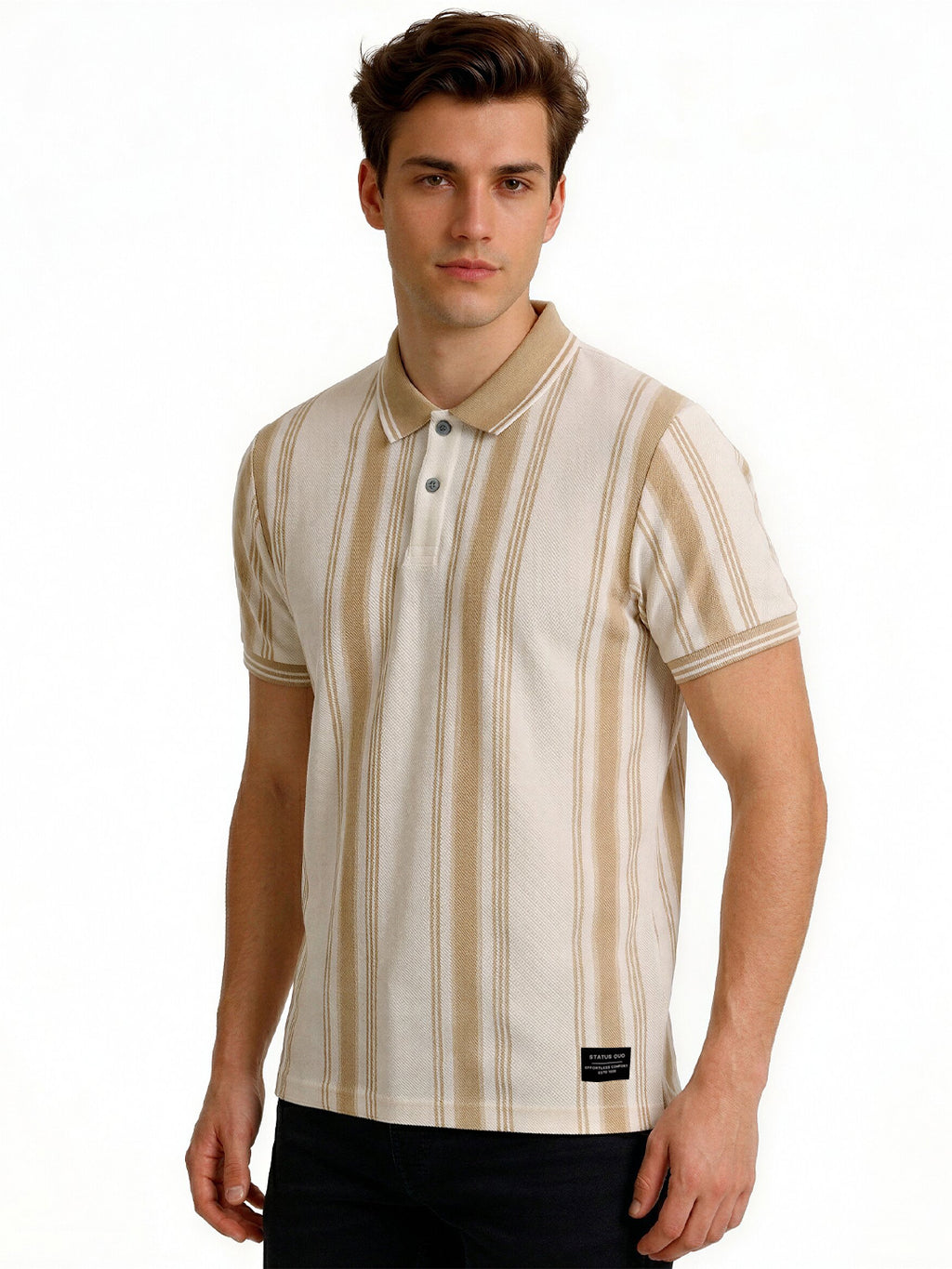 Beige Striped Textured Polo T-Shirt