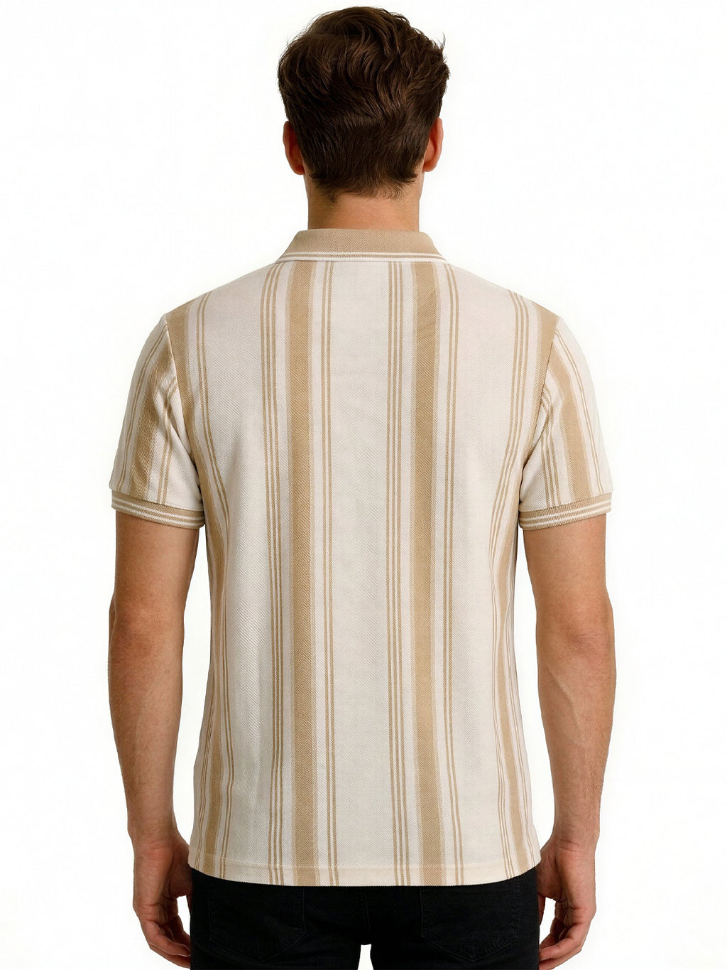 Beige Striped Textured Polo T-Shirt