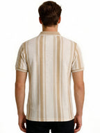 Beige Striped Textured Polo T-Shirt
