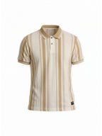 Beige Striped Textured Polo T-Shirt