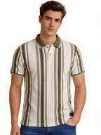 Olive Striped Textured Polo T-Shirt