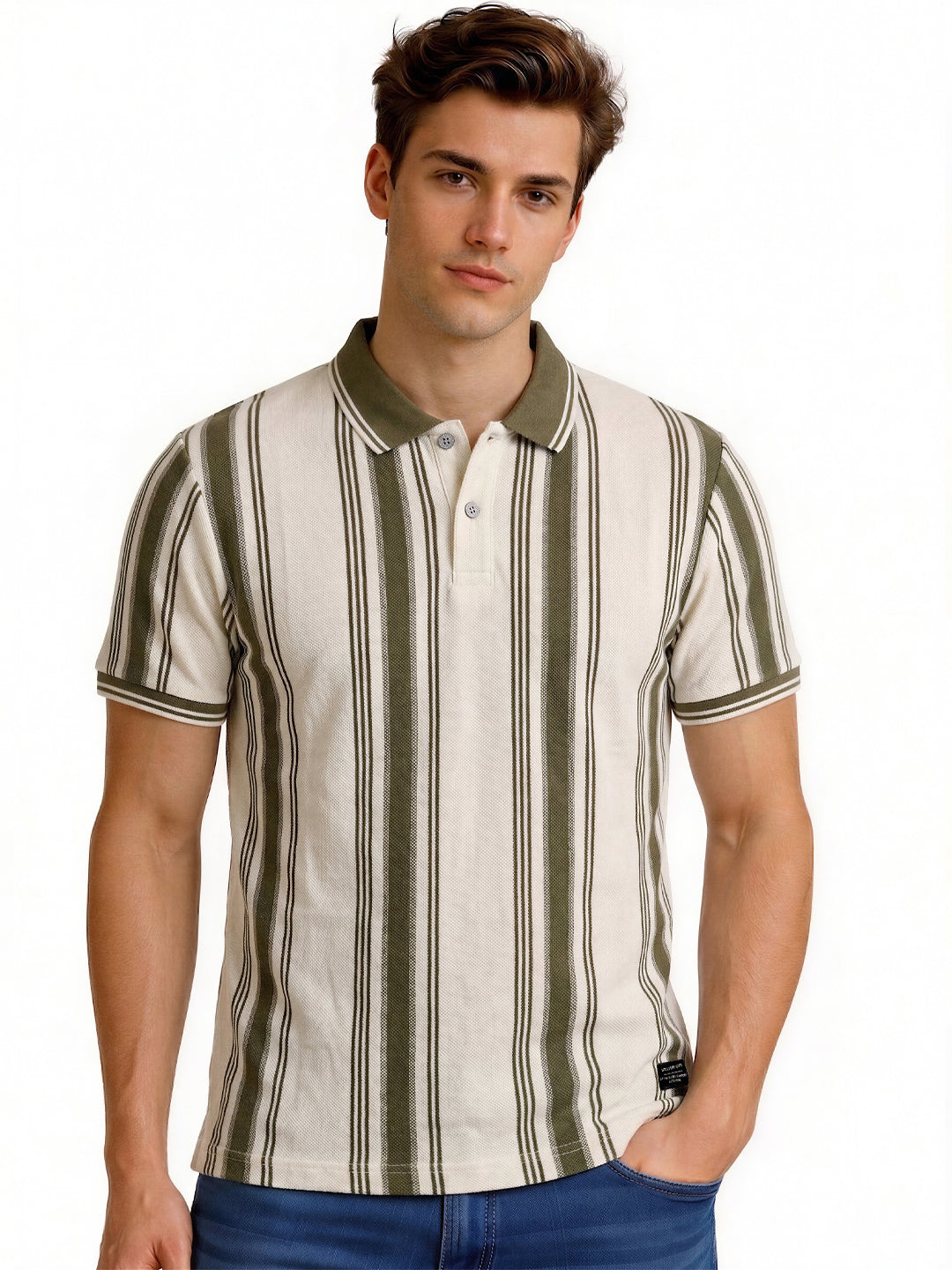 Olive Striped Textured Polo T-Shirt