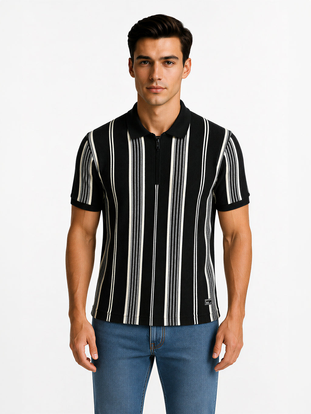 Striped Polo T-Shirt with Zip Closure