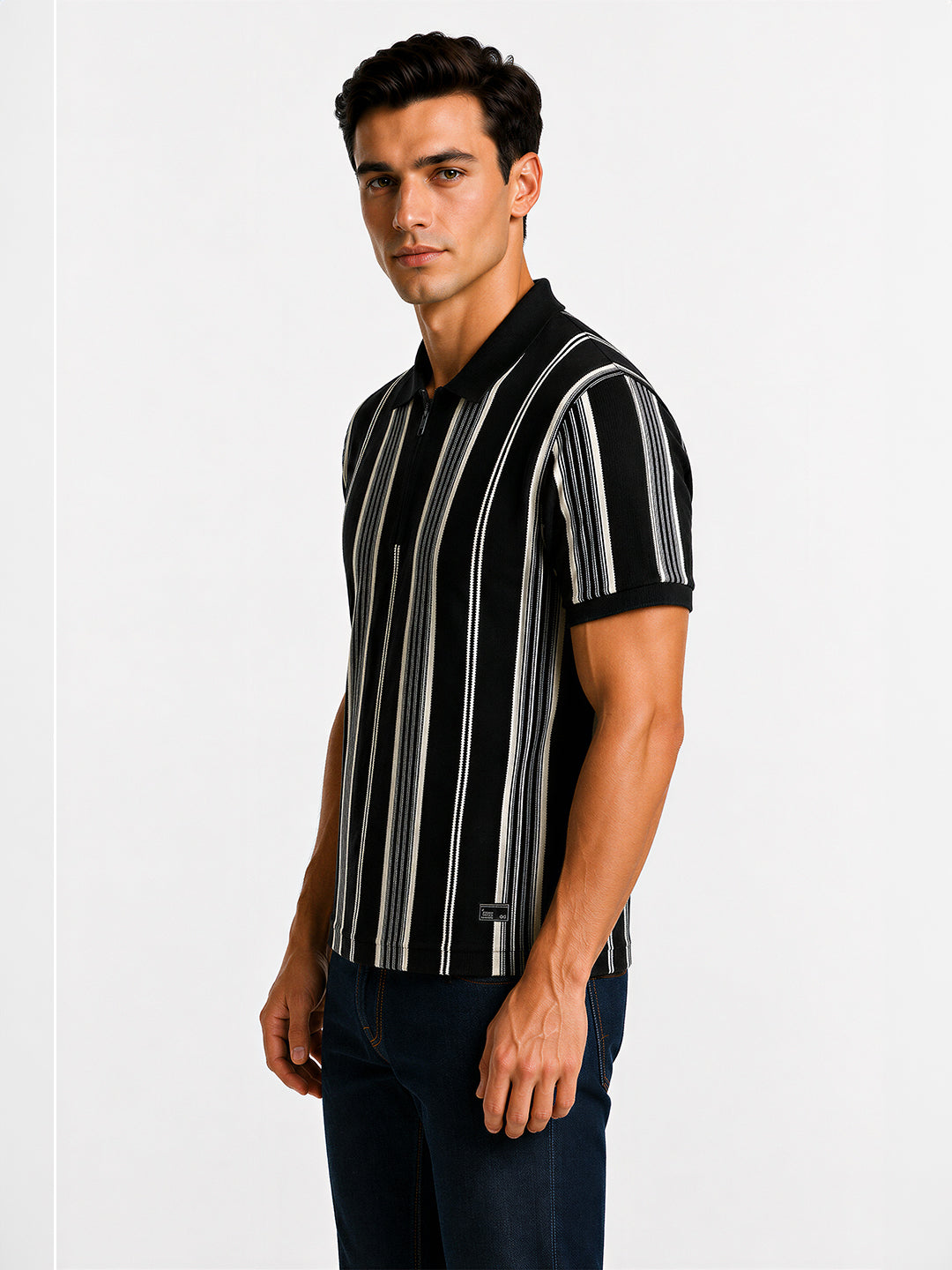 Striped Polo T-Shirt with Zip Closure