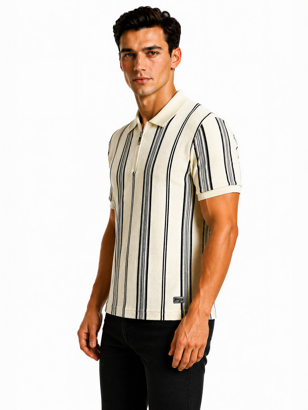 Striped Polo T-Shirt with Zip Closure