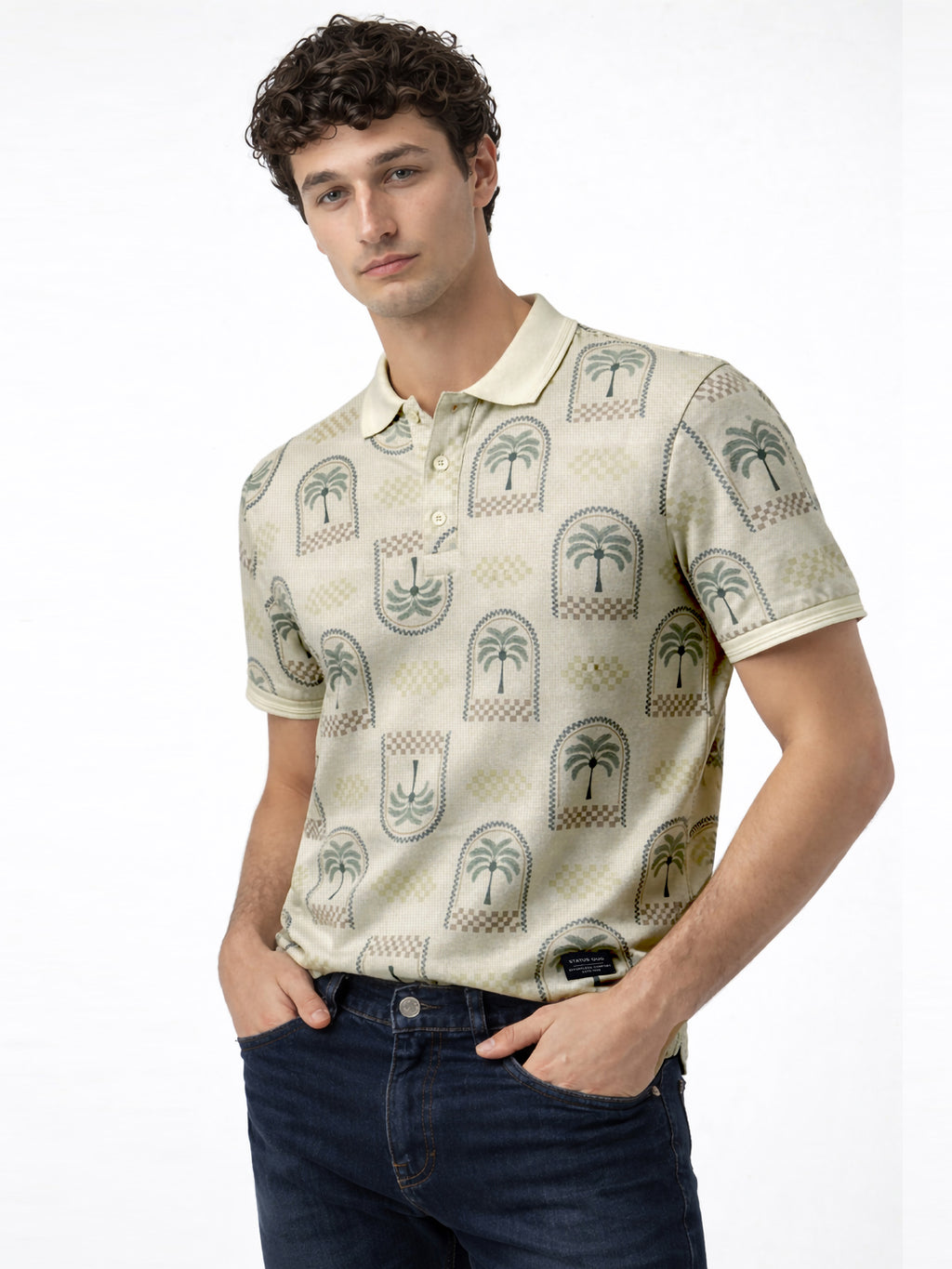 Palm Motif Print Polo T-Shirt