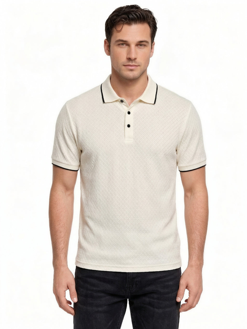 Off White Textured Contrast Trim Polo T-Shirt