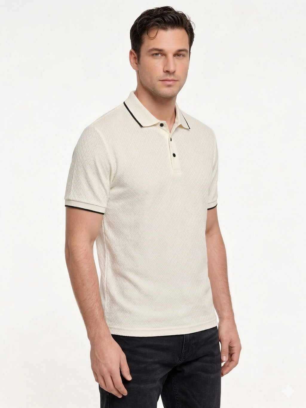 Off White Textured Contrast Trim Polo T-Shirt