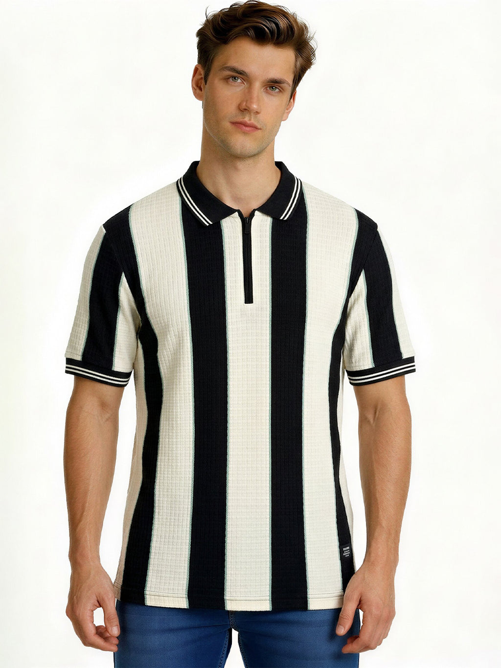 Black Textured Vertical Stripe Zip Polo