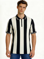 Black Textured Vertical Stripe Zip Polo