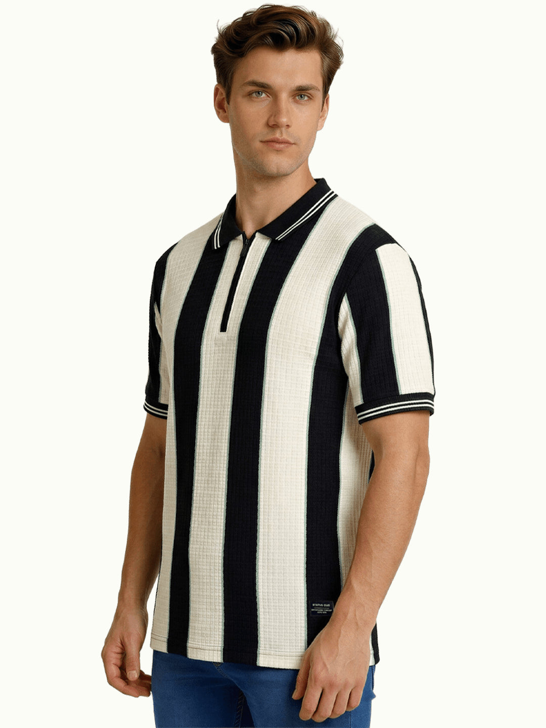 Black Textured Vertical Stripe Zip Polo