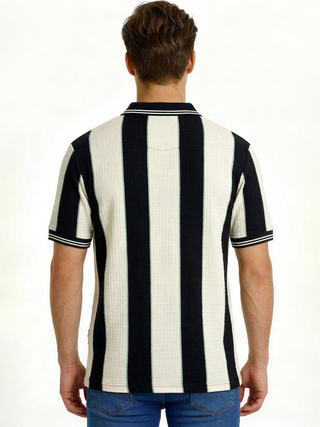 Black Textured Vertical Stripe Zip Polo