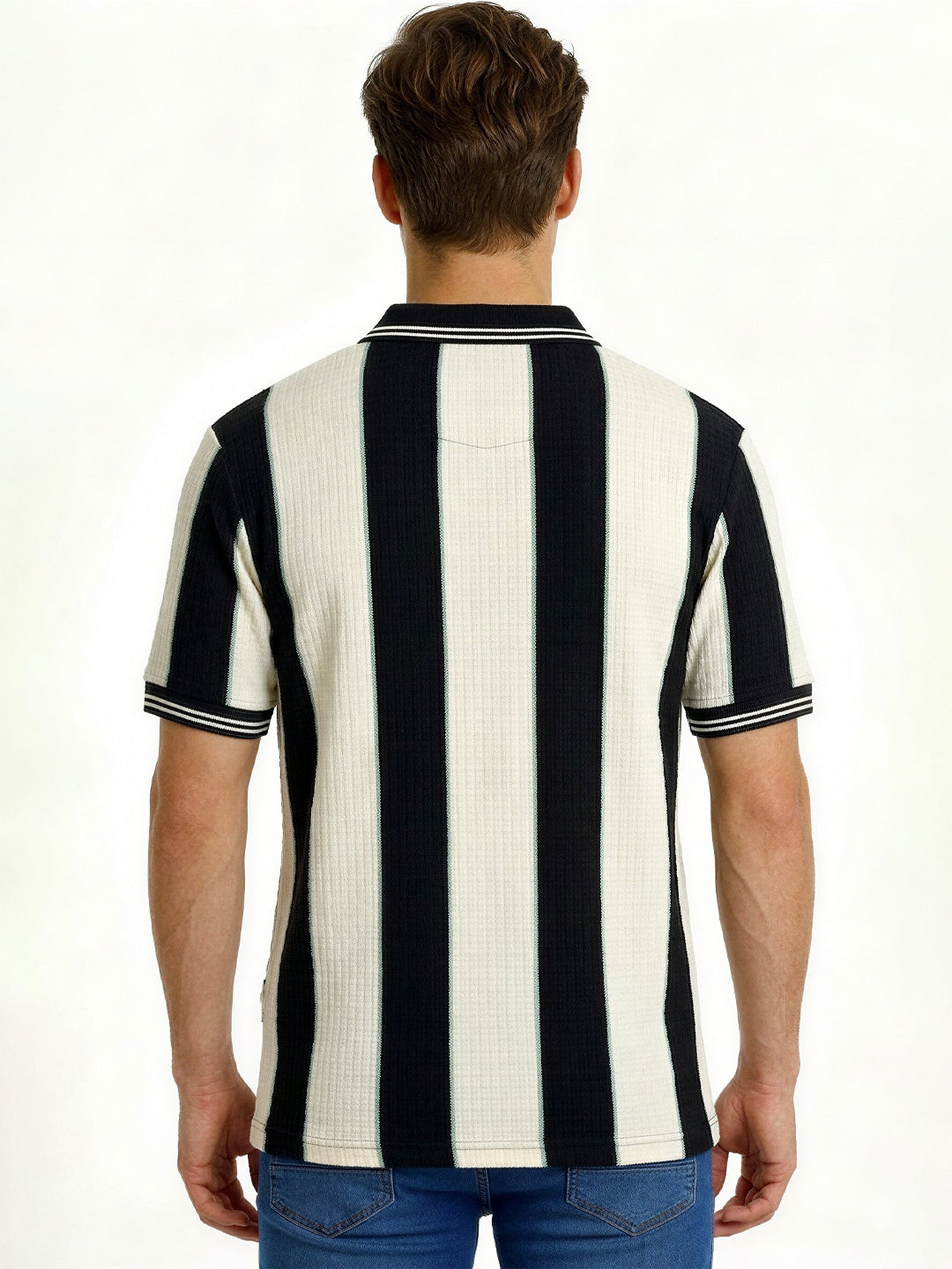 Black Textured Vertical Stripe Zip Polo