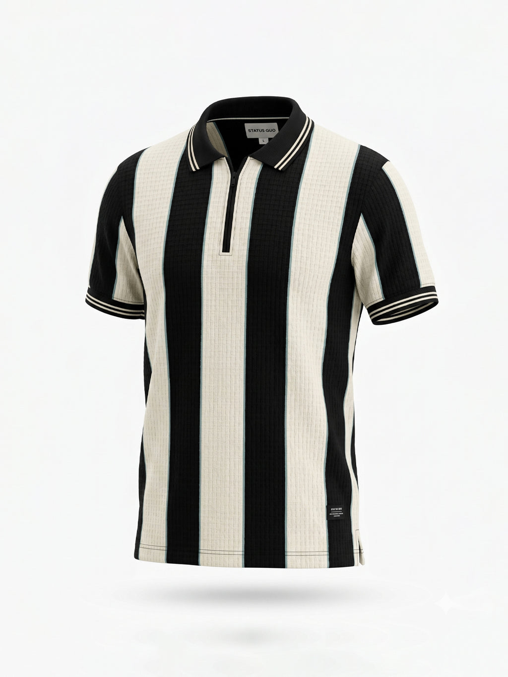 Black Textured Vertical Stripe Zip Polo