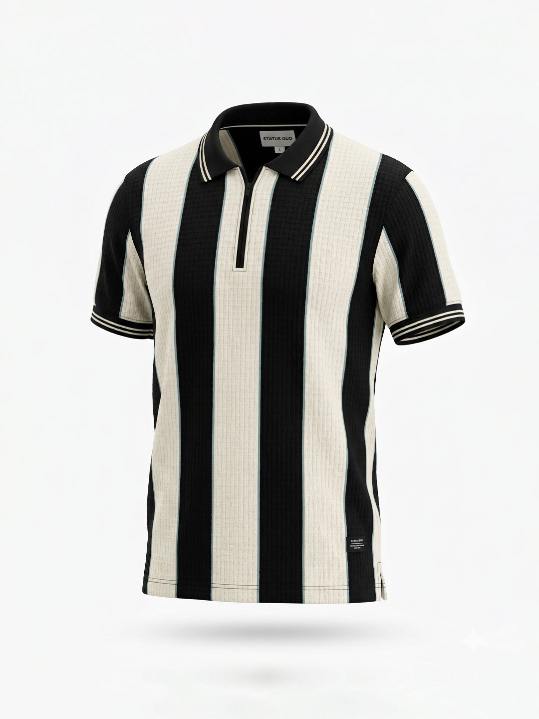 Black Textured Vertical Stripe Zip Polo