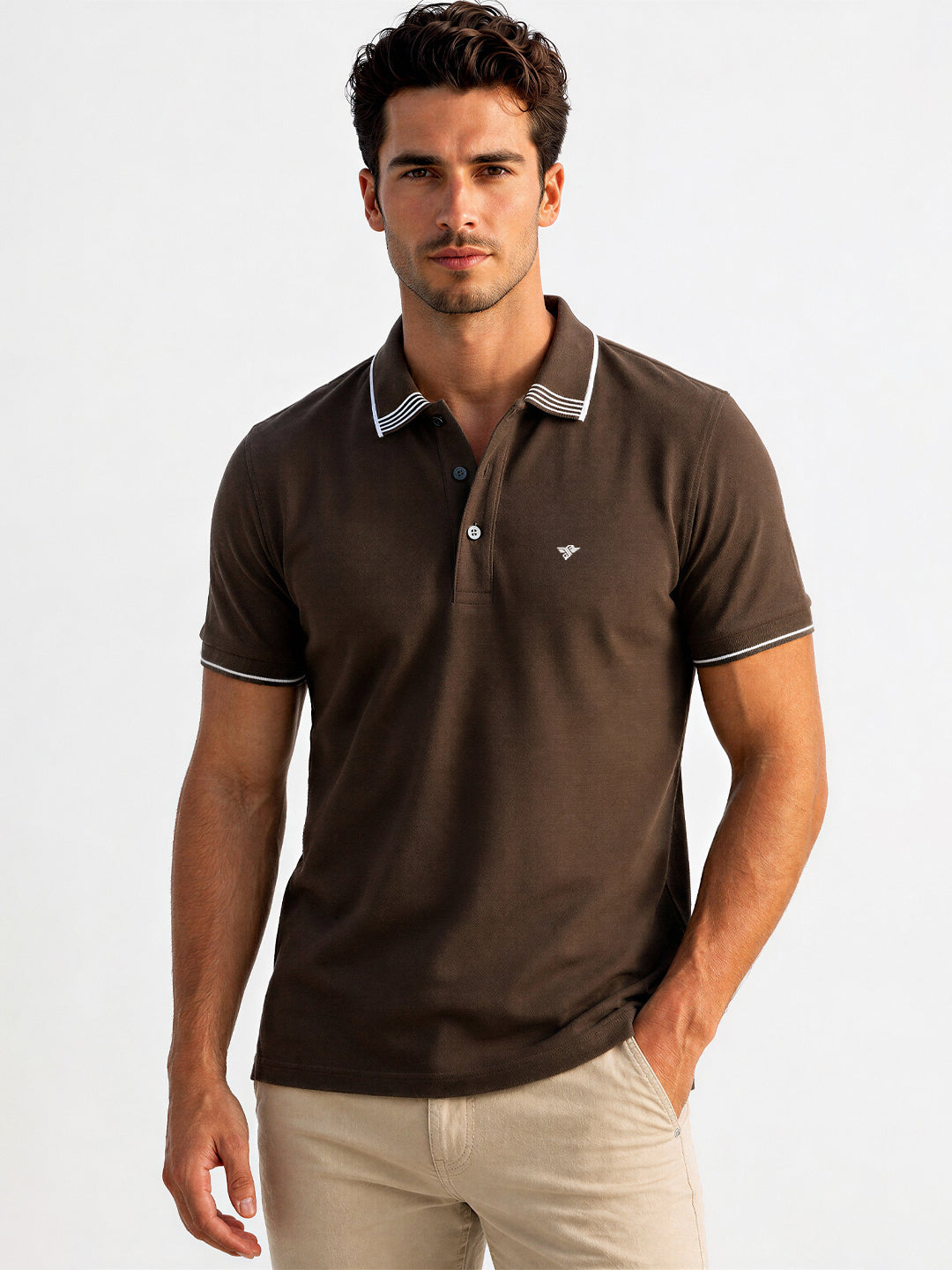 Coffee Contrast Tipped Polo T-Shirt