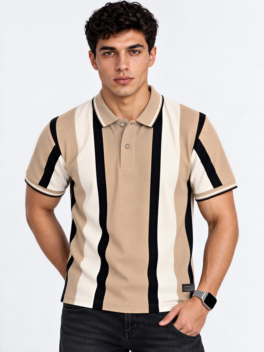 Striped Polo Collar Regular Fit Cotton Blend T-Shirt