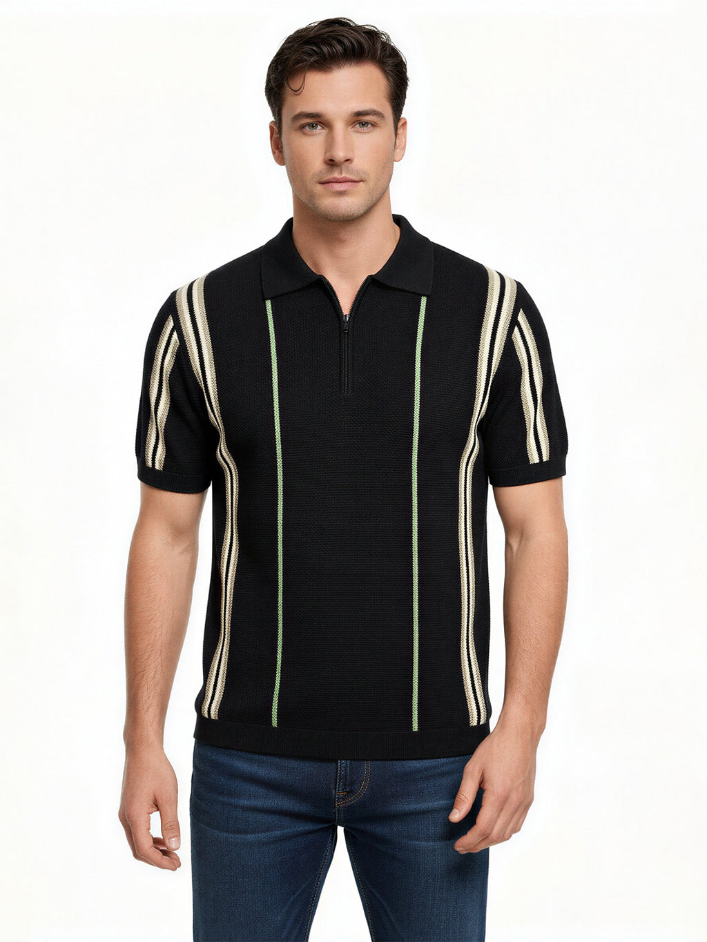Black Textured Zip Polo with Statement Stripes