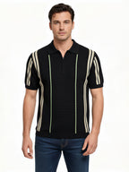 Black Textured Zip Polo with Statement Stripes