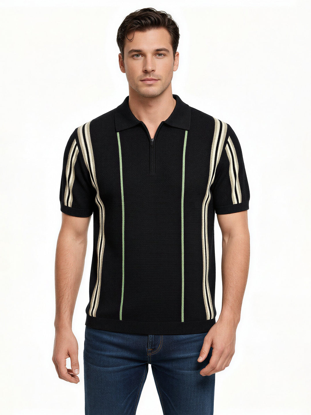 Black Textured Zip Polo with Statement Stripes