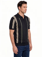 Black Textured Zip Polo with Statement Stripes