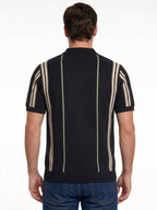 Black Textured Zip Polo with Statement Stripes