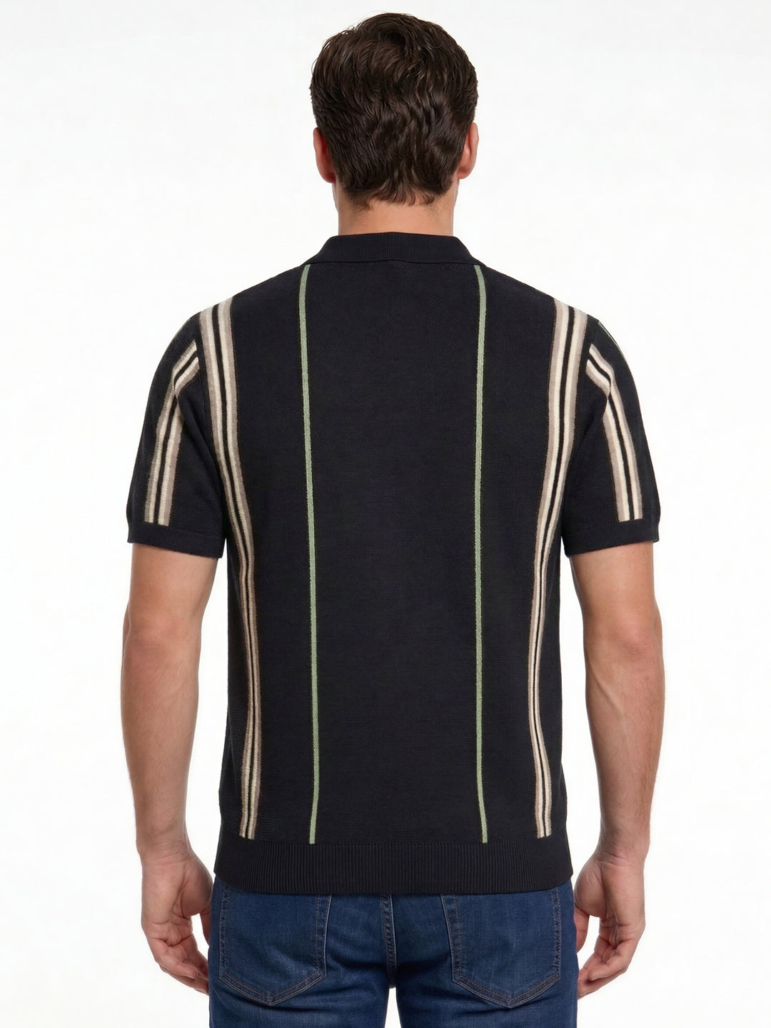 Black Textured Zip Polo with Statement Stripes