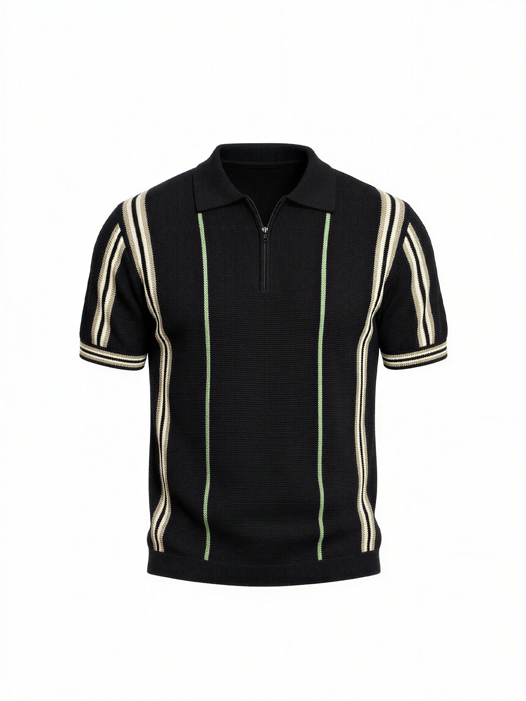 Black Textured Zip Polo with Statement Stripes Secondary image