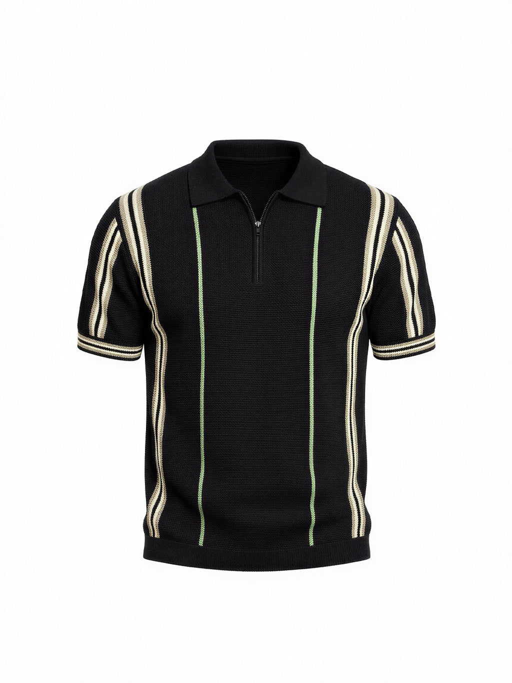 Black Textured Zip Polo with Statement Stripes