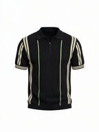 Black Textured Zip Polo with Statement Stripes