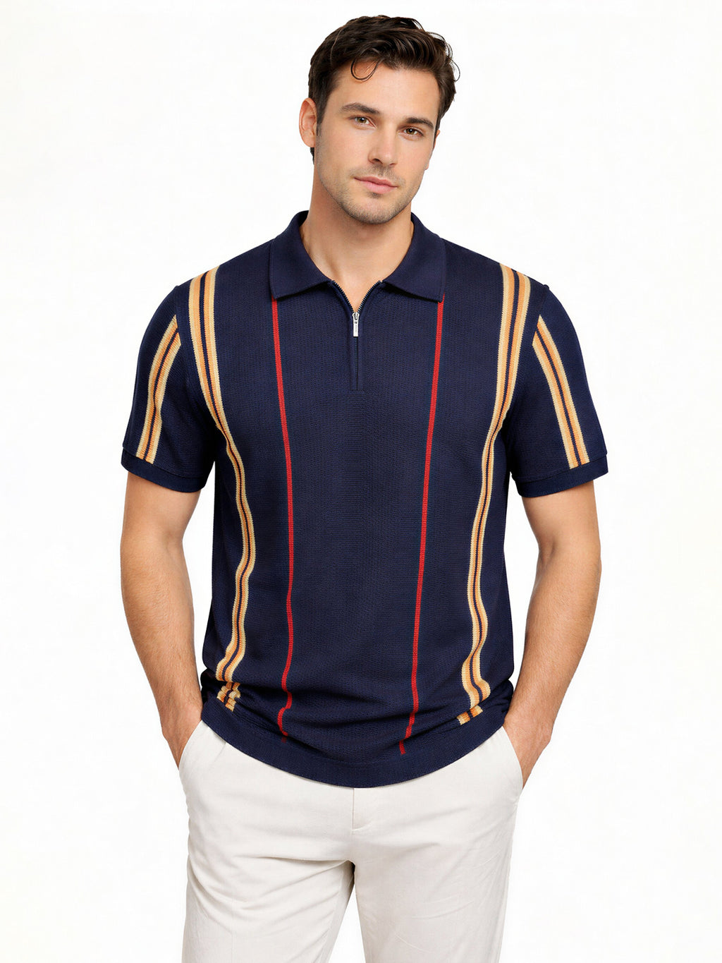 Navy Textured Zip Polo with Statement Stripes